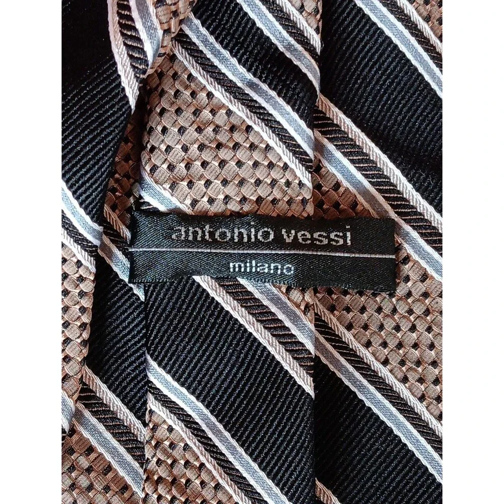 Tie 70s 80s 90s Y2K Mens Antonio Vessi Silk Beige Black Stripe 3.75 Wide 58 Long